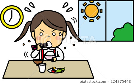 Elementary school girl eating breakfast in a hurry 124275448