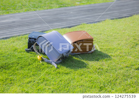 School bag on green grass 124275539