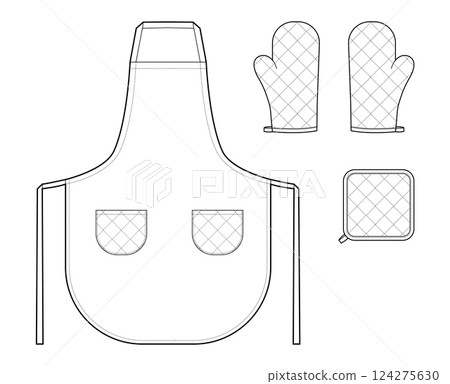 Set of Aprons, Oven Gloves and potholder technical fashion illustration. Chef uniform for cooking Flat sketch outline Set of Aprons, Oven Gloves and potholder technical fashion illustration. Chef uniform for cooking Flat sketch outline 124275630