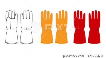 Set of Welding Gloves Working hand accessory orange red cartoon and flat mockup sketch clothing technical illustration Set of Welding Gloves Working hand accessory orange red cartoon and flat mockup sketch clothing technical illustration 124275631