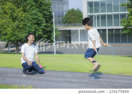 Elementary school student jumping rope 124275684