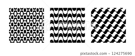Ipanema, Copacabana and Sao Paulo boardwalk pattern samples. Brazilian beach promenade examples. Repeating black and white wave textures in Portuguese pavement style. Vector graphic illustration 124275690