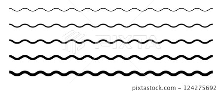 Set of horizontal parallel wavy lines of different thicknesses. Undulated borders. Water, fluid, air or wind symbols. River, sea, lake or ocean signs isolated on white background. Vector illustration Set of horizontal parallel wavy lines of different thicknesses. Undulated borders. Water, fluid, air or wind symbols. River, sea, lake or ocean signs isolated on white background. Vector illustration 124275692