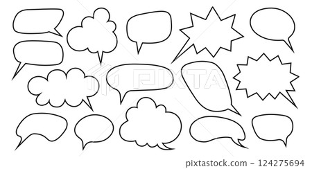 Set of cute speech bubble frames in doodle style. Empty dialogue balloons, text boxes, quote frames, conversation tags, message labels isolated on white background. Vector outline illustration 124275694