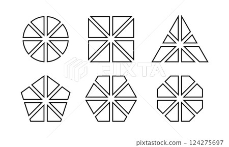 Geometric shapes divided into 8 slices isolated on white background. Round, square and triangle, pentagon, hexagon and octagon shapes cut in eight equal parts. Vector outline illustration Geometric shapes divided into 8 slices isolated on white background. Round, square and triangle, pentagon, hexagon and octagon shapes cut in eight equal parts. Vector outline illustration 124275697