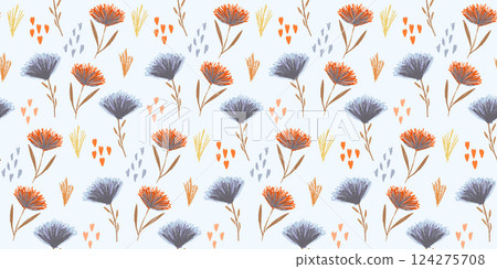 Lovely pastel colors floral seamless pattern with hand drawn red and blue flowers, hearts and green leaves. Bright summer botanical print for textile design, wallpaper, surface, wrapping paper 124275708