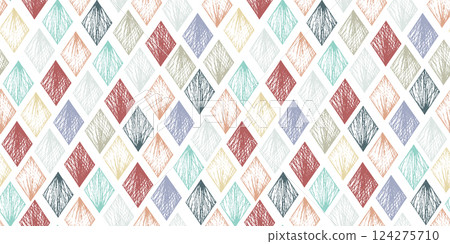 Abstract vector pastel blue and red textured hand drawn rhombus seamless pattern. Geometric print with unique rhomb shapes for aztec textile design, wrapping paper, surface, lozenge background 124275710