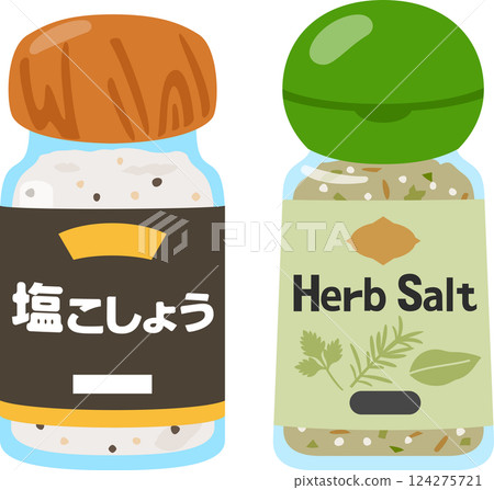 瓶裝鹽、胡椒和香草鹽 瓶裝鹽、胡椒和香草鹽 124275721