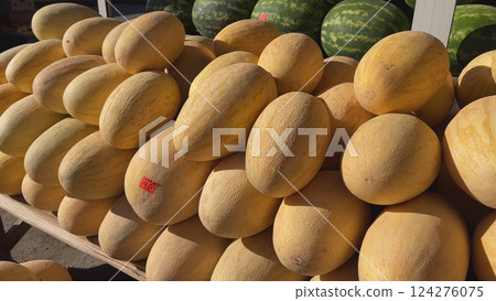 Ripe yellow melons stacked on a wooden market stall, creating an appealing display 124276075