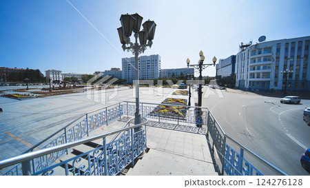 Khabarovsk, Russia - August 12, 2021: Beautiful architecture of the main streets of the city. Khabarovsk, Russia - August 12, 2021: Beautiful architecture of the main streets of the city. 124276128