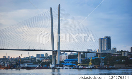 Cable stayed zolotoy rog bridge spanning over the golden horn bay, connecting vladivostok cityscape with modern buildings, cranes, and boats in russia 124276254