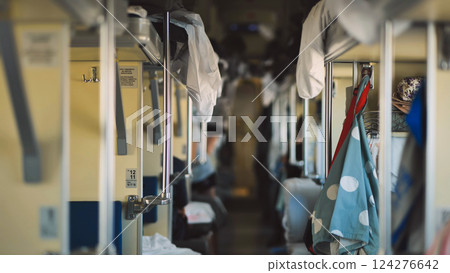 Clothes and bags hanging in a train wagon during a long trip, passengers resting in their seats 124276642