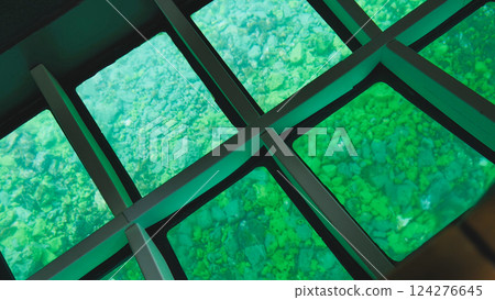 Square glass panels on the bottom of a boat reveal emerald green water and rocks below the surface 124276645