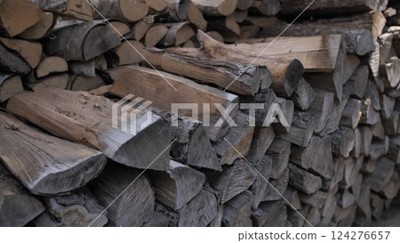 Wooden firewood logs stacked efficiently, storing potential heat against unforgiving russian winter coldness Wooden firewood logs stacked efficiently, storing potential heat against unforgiving russian winter coldness 124276657