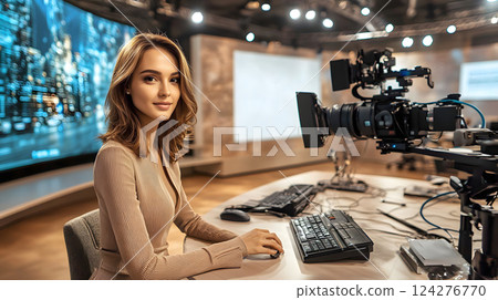 A young female announcer sits in front of the camera in a broadcasting studio. 124276770