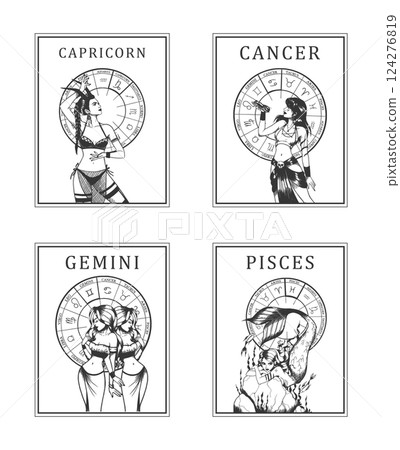 Set of vector illustrations of monochrome cards with astrological signs and romantic beauty women. 124276819