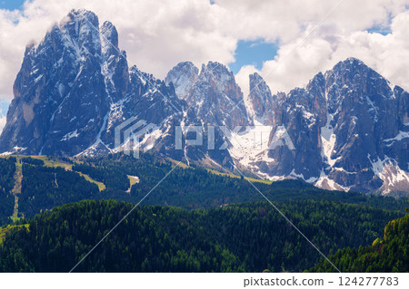 Majestic mountain range with snow-capped peaks and lush forests under a cloudy sky near Valley of Funes at Dolomites, Italy Majestic mountain range with snow-capped peaks and lush forests under a cloudy sky near Valley of Funes at Dolomites, Italy 124277783