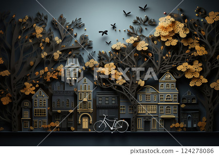 A drawing of a city with houses and trees, with a bicycle in the foreground A drawing of a city with houses and trees, with a bicycle in the foreground 124278086