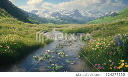 A river runs through a lush green valley with mountains in the background 124278130
