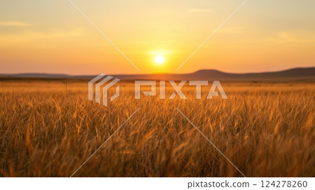 A field of tall grass with a sun setting in the background 124278260