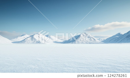 A vast, snow-covered plain with mountains in the background 124278261