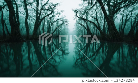 A forest with trees and water 124278294