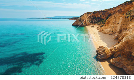 A beautiful beach with a rocky cliff in the background 124278318