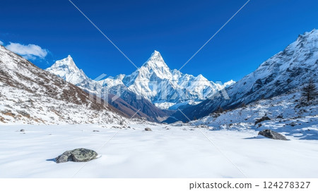 A mountain range with snow-covered peaks and a clear blue sky A mountain range with snow-covered peaks and a clear blue sky 124278327