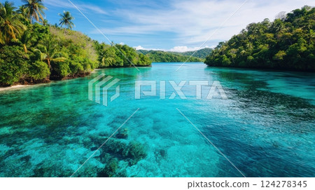 A beautiful blue ocean with a green forest in the background 124278345