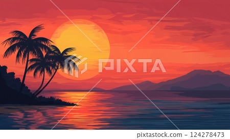 A beautiful sunset over the ocean with palm trees in the foreground 124278473