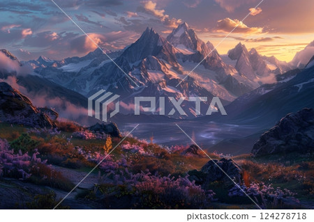 Twilight Over Tranquil Mountain Lake 124278718