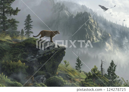 Bobcats on Misty Mountain Cliff 124278725