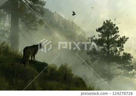 Bobcats on Misty Mountain Cliff 124278726