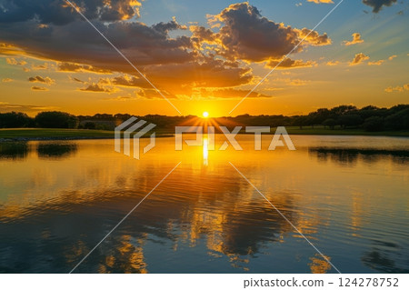 Dramatic Sunset Over Lake with Reflection 124278752