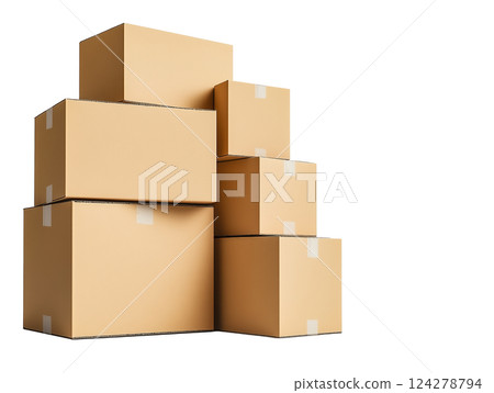 Multiple closed cardboard boxes stacked in a warehouse style, e-commerce logistics concept Multiple closed cardboard boxes stacked in a warehouse style, e-commerce logistics concept 124278794