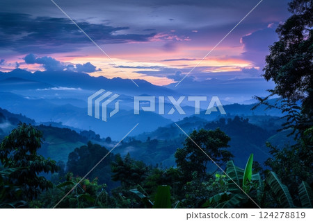 Misty Mountain Ranges at Sunrise 124278819