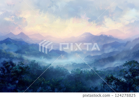 Misty Morning Over Blue Mountain Landscape 124278825