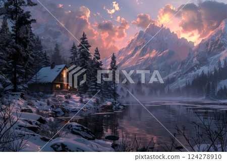 A cabin is nestled in the woods, with a lake in the background A cabin is nestled in the woods, with a lake in the background 124278910