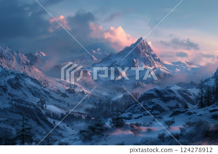 A mountain range covered in snow with a cloudy sky in the background A mountain range covered in snow with a cloudy sky in the background 124278912
