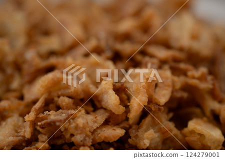 Fried onions close-up 124279001