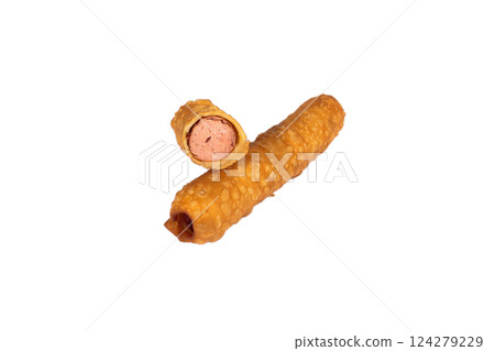 Sausage in dough fried in oil in a section on a 124279229