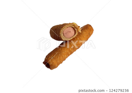Sausage in dough fried in oil in a section on a 124279236