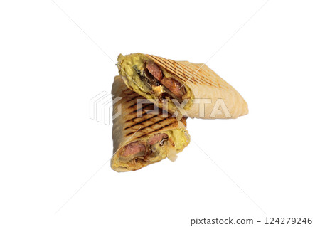 Grilled shawarma with traces of grilled on pita Grilled shawarma with traces of grilled on pita 124279246