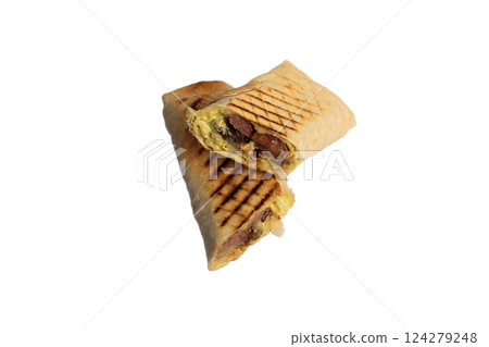Grilled shawarma with traces of grilled on pita Grilled shawarma with traces of grilled on pita 124279248