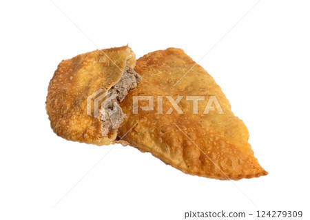 Cutaway yellow fried cheburek with an appetizing Cutaway yellow fried cheburek with an appetizing 124279309