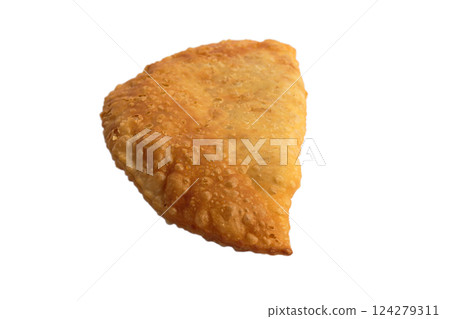 Yellow fried cheburek with an appetizing look on a Yellow fried cheburek with an appetizing look on a 124279311