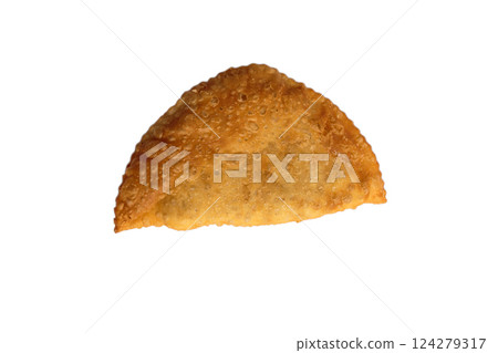 Yellow fried cheburek with an appetizing look on a Yellow fried cheburek with an appetizing look on a 124279317