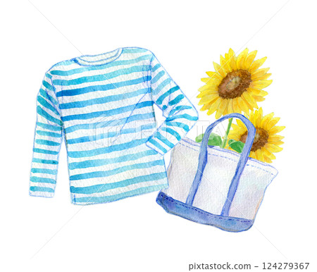 Watercolor illustration: Sunflowers and fashion items 124279367