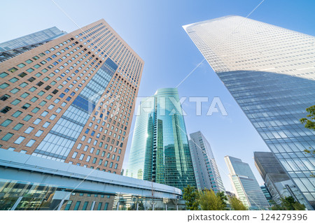 Looking up at the buildings near Shiodome Station, Minato Ward, Tokyo Looking up at the buildings near Shiodome Station, Minato Ward, Tokyo 124279396