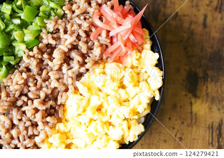 Minced pork (three-color rice bowl, meatballs) 124279421